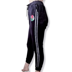 For You Black Luxe Velvet Fleece Floral Silver Metallic Side Stripes Joggers